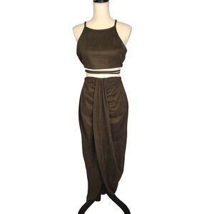 Olive Green Faux Suede 2 Piece Draped Maxi Skirt Tank Medium Wrap Resort Sexy